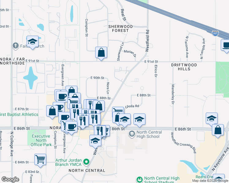 map of restaurants, bars, coffee shops, grocery stores, and more near 8820 Westfield Boulevard in Indianapolis