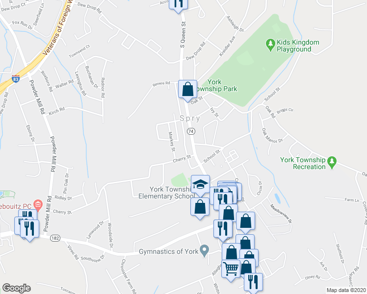 map of restaurants, bars, coffee shops, grocery stores, and more near 2425 Arlington Street in York