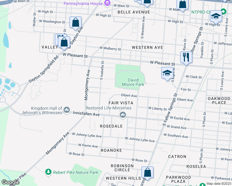map of restaurants, bars, coffee shops, grocery stores, and more near 1218 Dibert Avenue in Springfield
