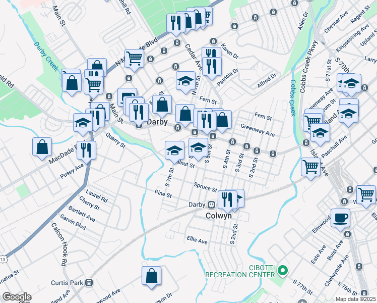 map of restaurants, bars, coffee shops, grocery stores, and more near 102 South 6th Street in Darby