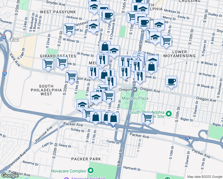 map of restaurants, bars, coffee shops, grocery stores, and more near 2723 South Mole Street in Philadelphia