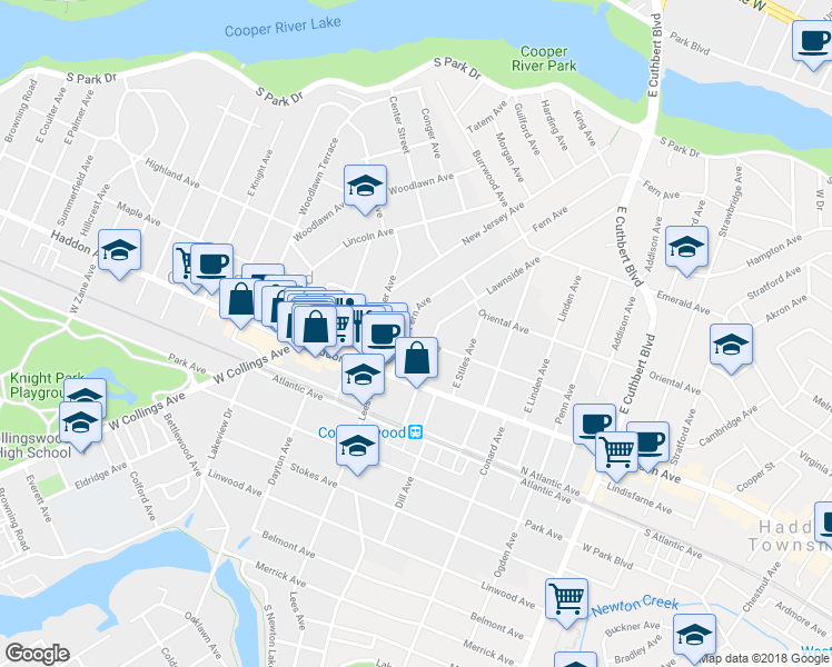 map of restaurants, bars, coffee shops, grocery stores, and more near 100 Fern Avenue in Collingswood