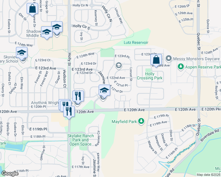 map of restaurants, bars, coffee shops, grocery stores, and more near 6190 East 121st Drive in Brighton