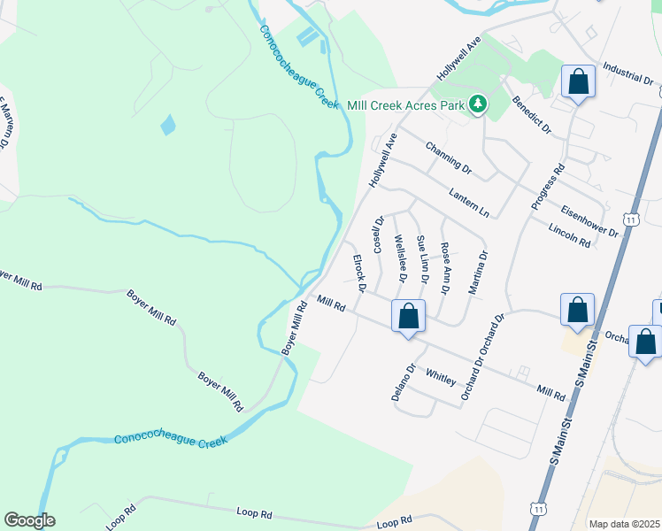 map of restaurants, bars, coffee shops, grocery stores, and more near 1448 Hollywell Avenue in Chambersburg