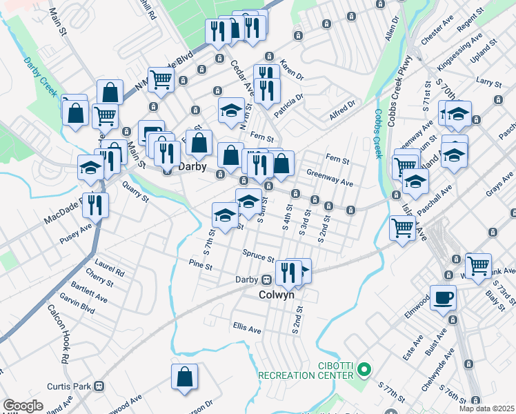 map of restaurants, bars, coffee shops, grocery stores, and more near 28 South 5th Street in Darby