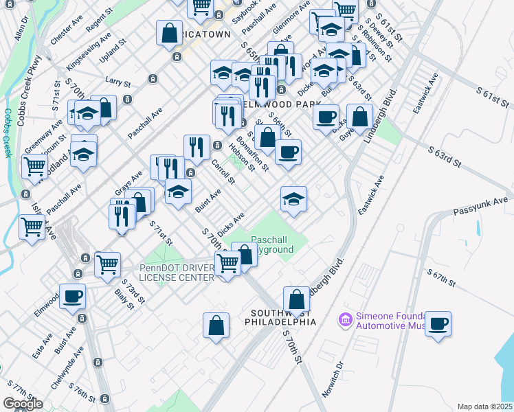 map of restaurants, bars, coffee shops, grocery stores, and more near 6816 Dicks Avenue in Philadelphia