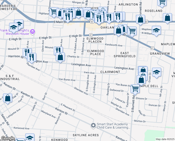 map of restaurants, bars, coffee shops, grocery stores, and more near 2020 Irwin Avenue in Springfield