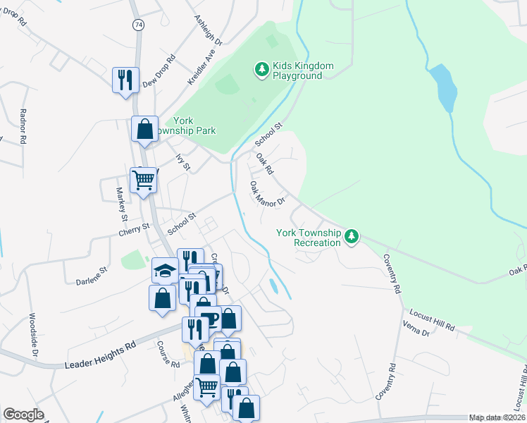 map of restaurants, bars, coffee shops, grocery stores, and more near 116-122 Keymar Drive in York