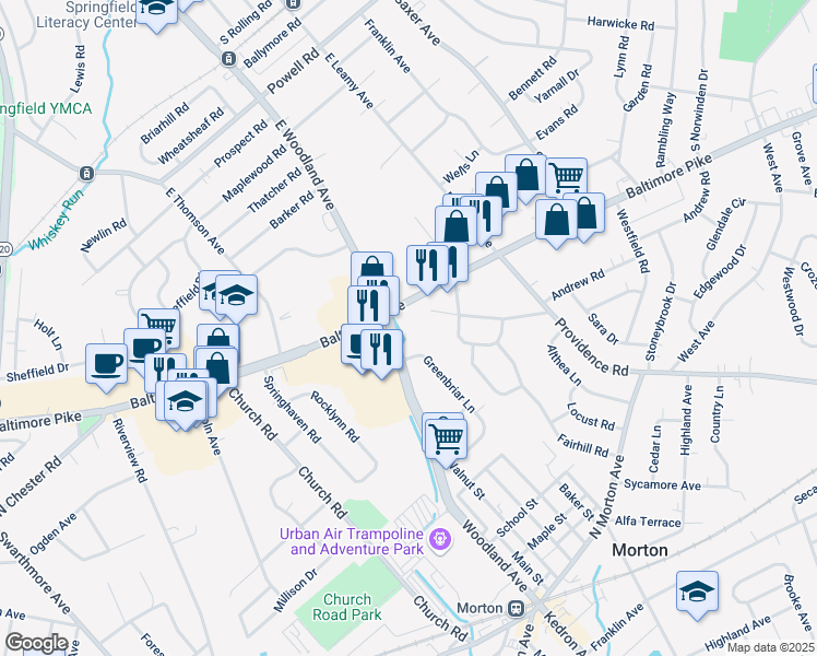 map of restaurants, bars, coffee shops, grocery stores, and more near 795 Baltimore Pike in Springfield