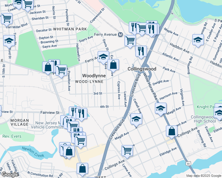 map of restaurants, bars, coffee shops, grocery stores, and more near 225 Evergreen Avenue in Oaklyn