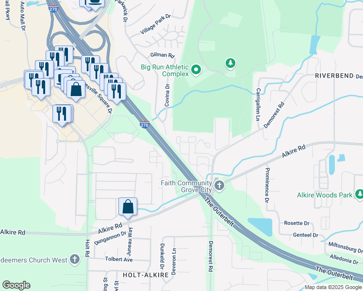 map of restaurants, bars, coffee shops, grocery stores, and more near 1904 Willowmere Bend in Columbus