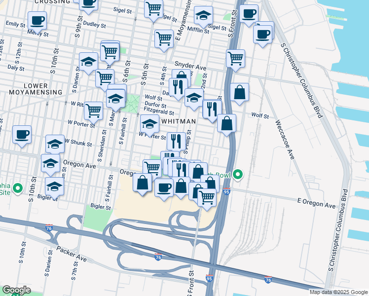 map of restaurants, bars, coffee shops, grocery stores, and more near 2516 South Philip Street in Philadelphia
