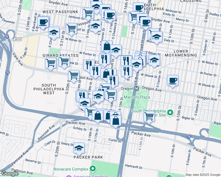 map of restaurants, bars, coffee shops, grocery stores, and more near 2728 South 16th Street in Philadelphia