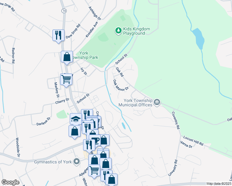 map of restaurants, bars, coffee shops, grocery stores, and more near 116-122 Keymar Drive in York