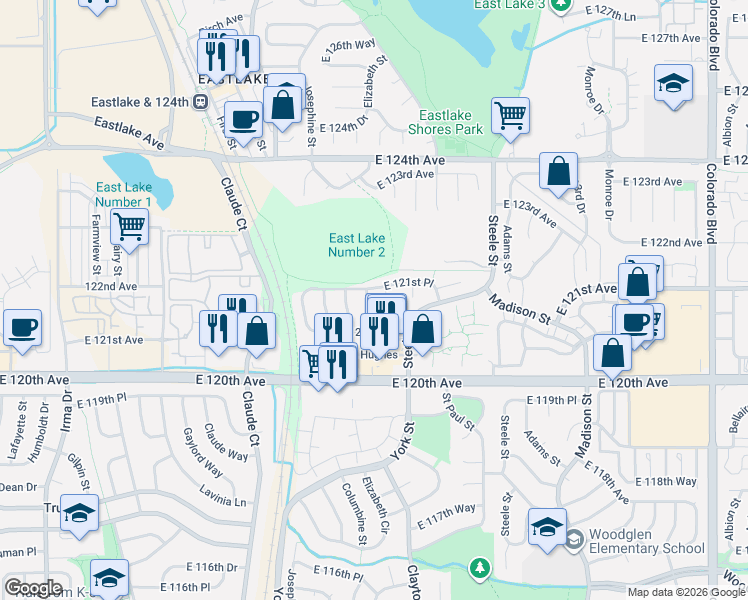 map of restaurants, bars, coffee shops, grocery stores, and more near 12126 Elizabeth Street in Thornton