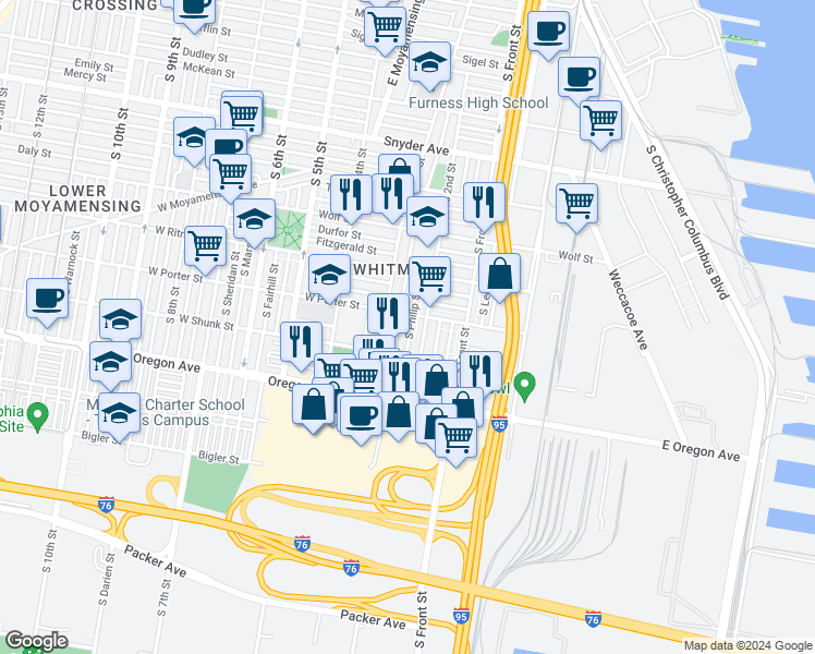 map of restaurants, bars, coffee shops, grocery stores, and more near 2516 South Philip Street in Philadelphia