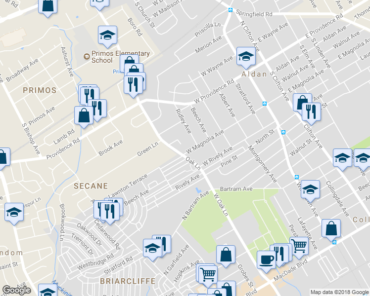 map of restaurants, bars, coffee shops, grocery stores, and more near 621 West Magnolia Avenue in Aldan