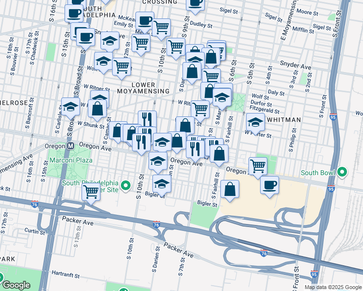 map of restaurants, bars, coffee shops, grocery stores, and more near 2614 S 8th St in Philadelphia