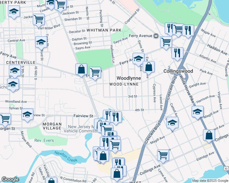map of restaurants, bars, coffee shops, grocery stores, and more near 235 Parker Avenue in Oaklyn