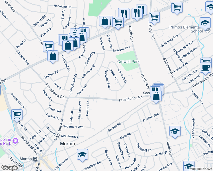 map of restaurants, bars, coffee shops, grocery stores, and more near 1036 Westwood Drive in Springfield