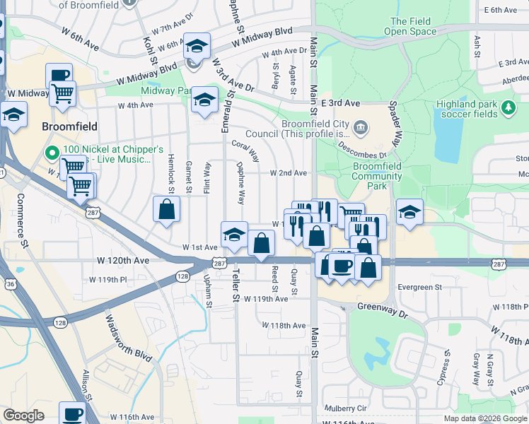 map of restaurants, bars, coffee shops, grocery stores, and more near 120 Coral Way in Broomfield