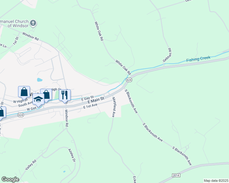 map of restaurants, bars, coffee shops, grocery stores, and more near 108 E Main St in Windsor