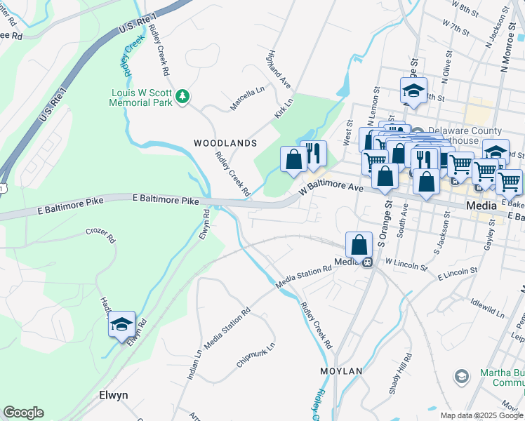 map of restaurants, bars, coffee shops, grocery stores, and more near 721 Painter Street in Media