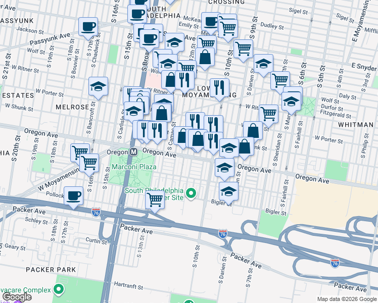 map of restaurants, bars, coffee shops, grocery stores, and more near 2647 South Jessup Street in Philadelphia