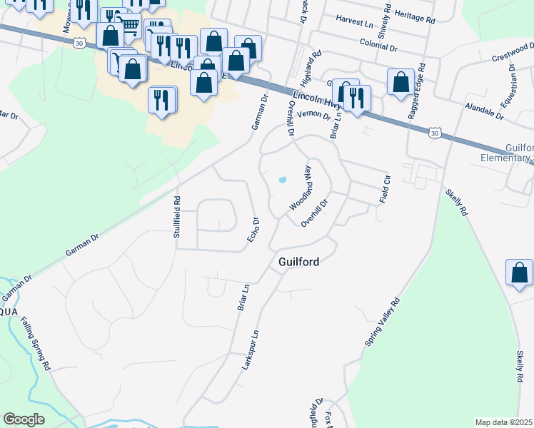 map of restaurants, bars, coffee shops, grocery stores, and more near 420 Overhill Drive in Chambersburg