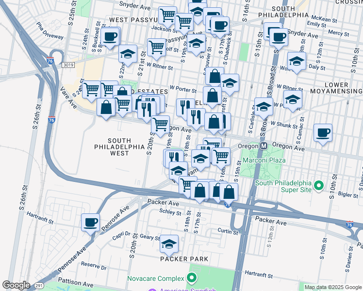 map of restaurants, bars, coffee shops, grocery stores, and more near 2747 South Cleveland Street in Philadelphia