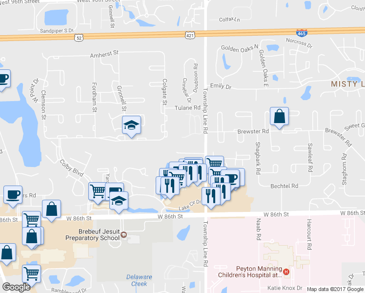 map of restaurants, bars, coffee shops, grocery stores, and more near 2546 North Willow Way in Indianapolis