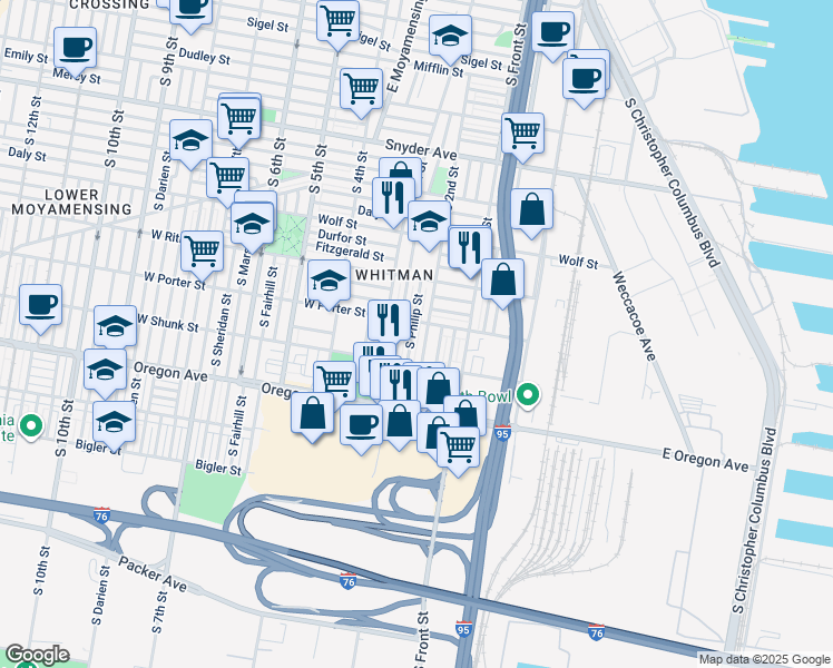 map of restaurants, bars, coffee shops, grocery stores, and more near 2513 South Philip Street in Philadelphia