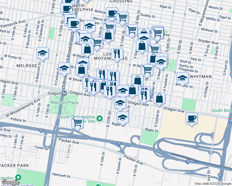 map of restaurants, bars, coffee shops, grocery stores, and more near 2630 South Hutchinson Street in Philadelphia