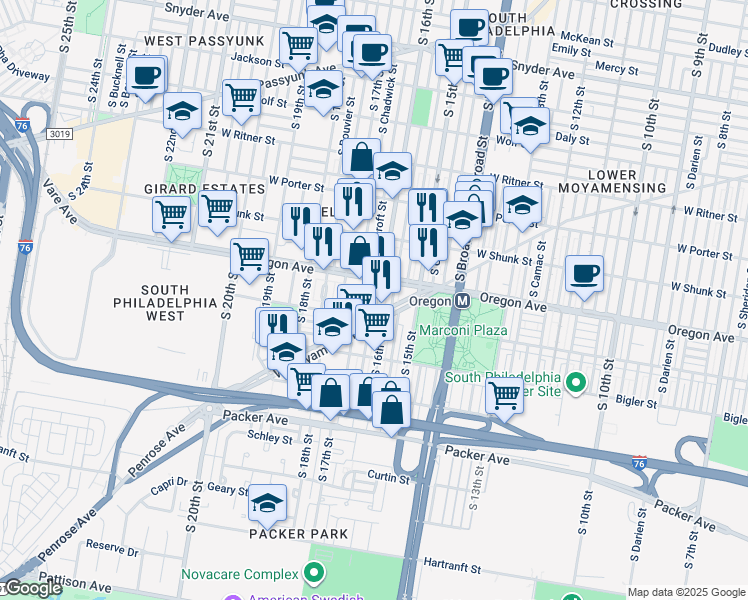 map of restaurants, bars, coffee shops, grocery stores, and more near 2726 South 16th Street in Philadelphia