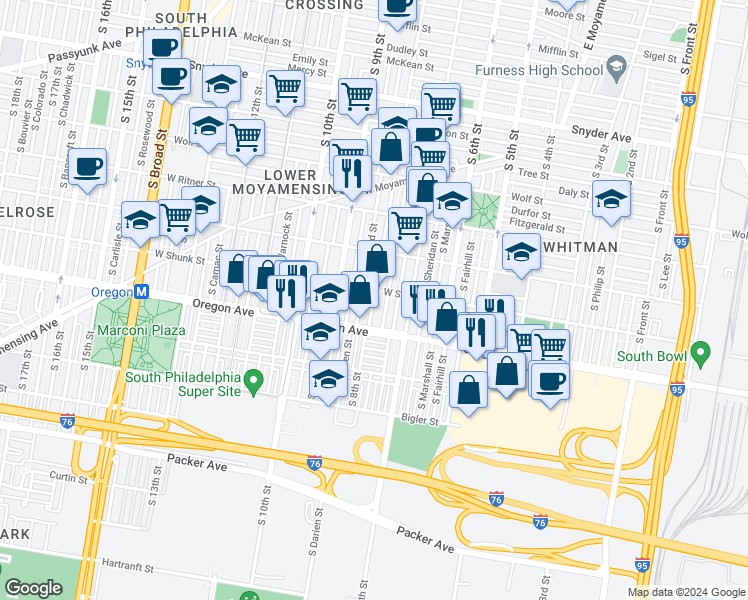 map of restaurants, bars, coffee shops, grocery stores, and more near 2614 S 8th St in Philadelphia