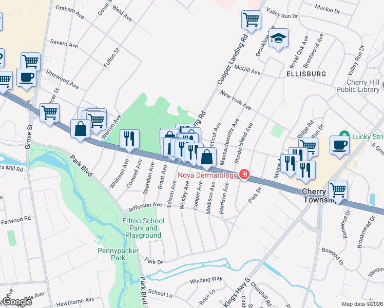 map of restaurants, bars, coffee shops, grocery stores, and more near 900 Township Lane in Cherry Hill