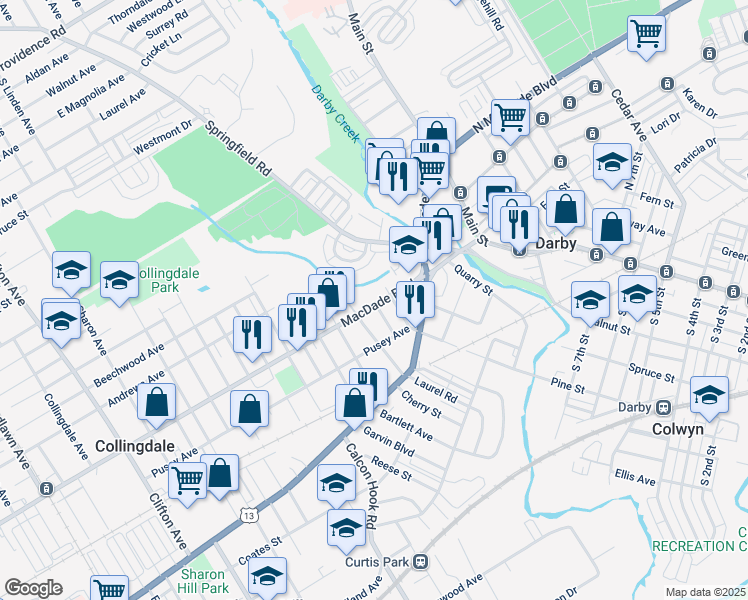 map of restaurants, bars, coffee shops, grocery stores, and more near 115 Macdade Boulevard in Lansdowne