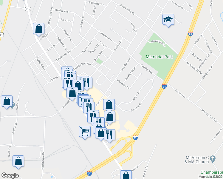 map of restaurants, bars, coffee shops, grocery stores, and more near 944 Stouffer Avenue in Chambersburg