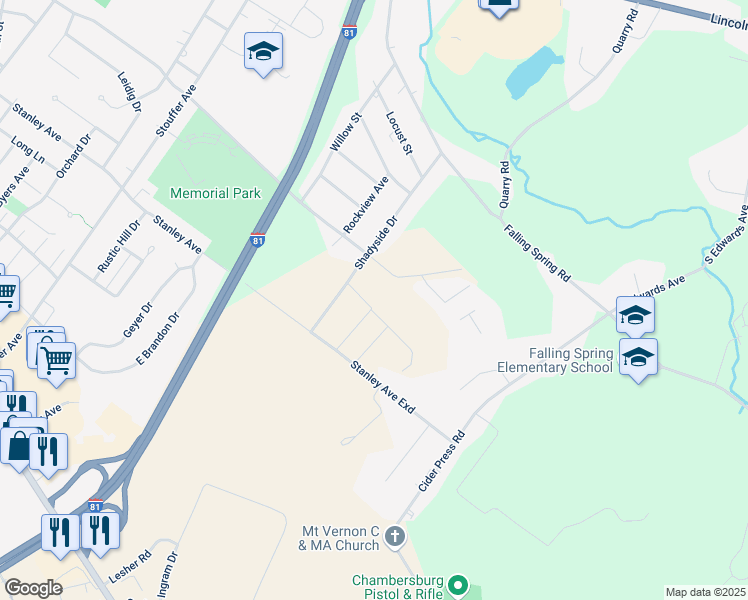 map of restaurants, bars, coffee shops, grocery stores, and more near 1329 Treeline Drive in Chambersburg