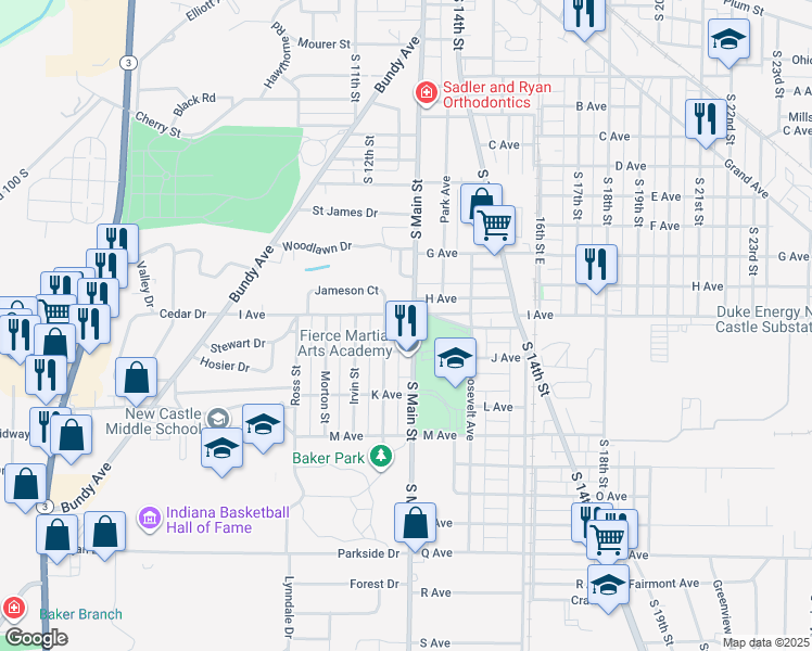 map of restaurants, bars, coffee shops, grocery stores, and more near 1609 South Main Street in New Castle