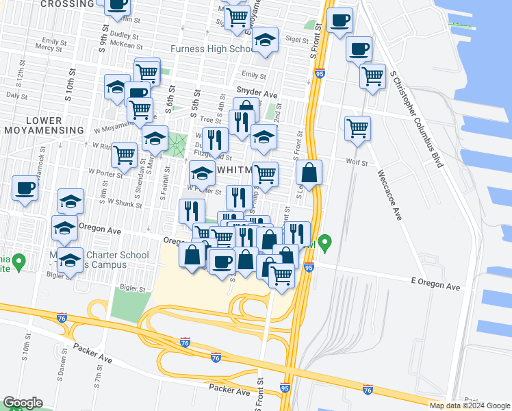 map of restaurants, bars, coffee shops, grocery stores, and more near 2513 South Philip Street in Philadelphia