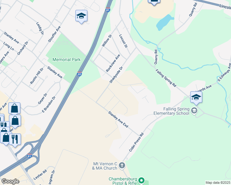 map of restaurants, bars, coffee shops, grocery stores, and more near 1329 Treeline Drive in Chambersburg