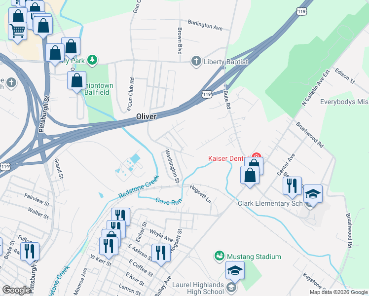 map of restaurants, bars, coffee shops, grocery stores, and more near 237 Jefferson in Uniontown