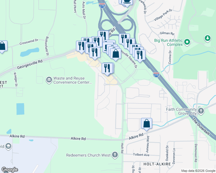 map of restaurants, bars, coffee shops, grocery stores, and more near 1767 Brandigen Lane in Columbus