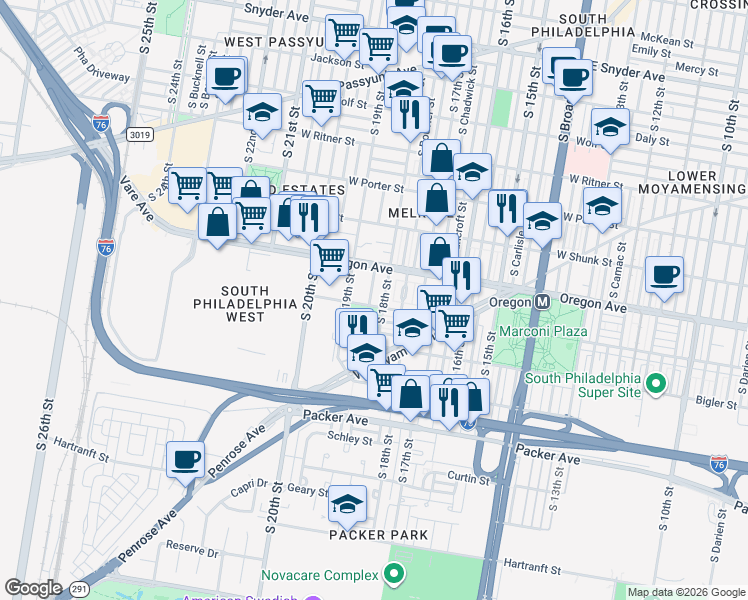 map of restaurants, bars, coffee shops, grocery stores, and more near 2749 South Cleveland Street in Philadelphia