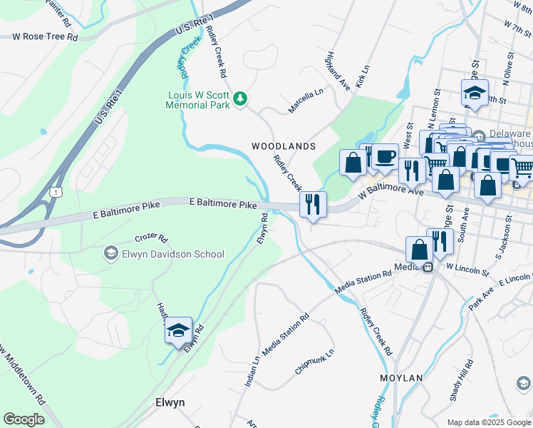 map of restaurants, bars, coffee shops, grocery stores, and more near 110 Elwyn Road in Media