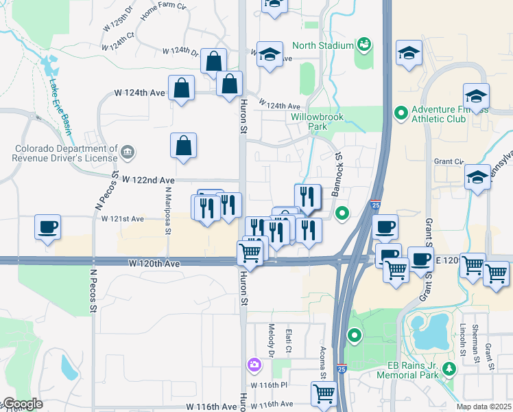 map of restaurants, bars, coffee shops, grocery stores, and more near 12121 Melody Drive in Westminster