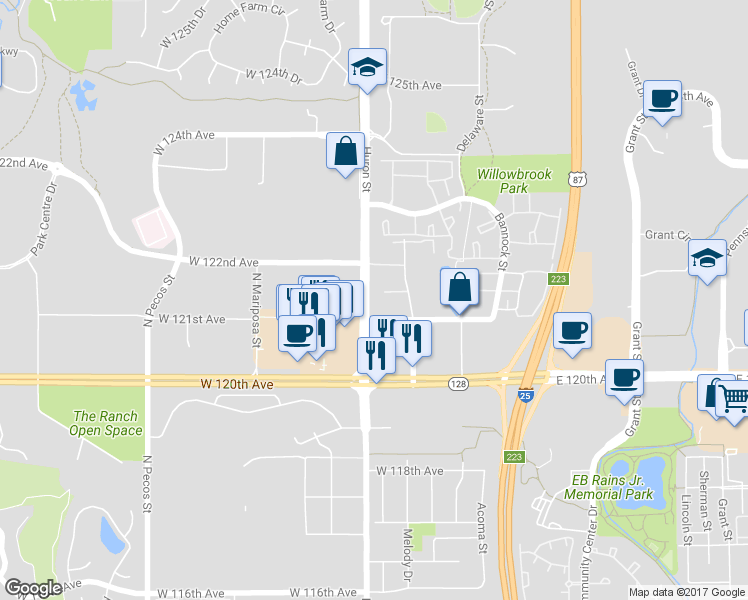 map of restaurants, bars, coffee shops, grocery stores, and more near 12101 Huron Street in Westminster
