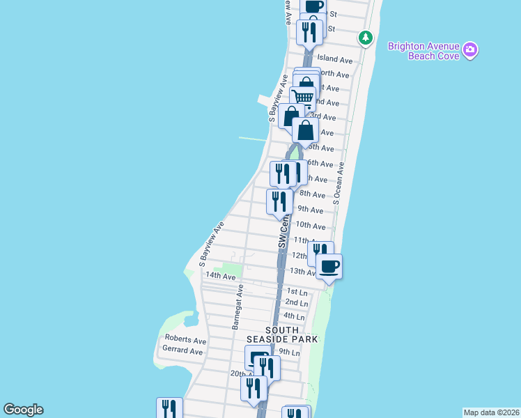map of restaurants, bars, coffee shops, grocery stores, and more near 120 10th Avenue in Seaside Park