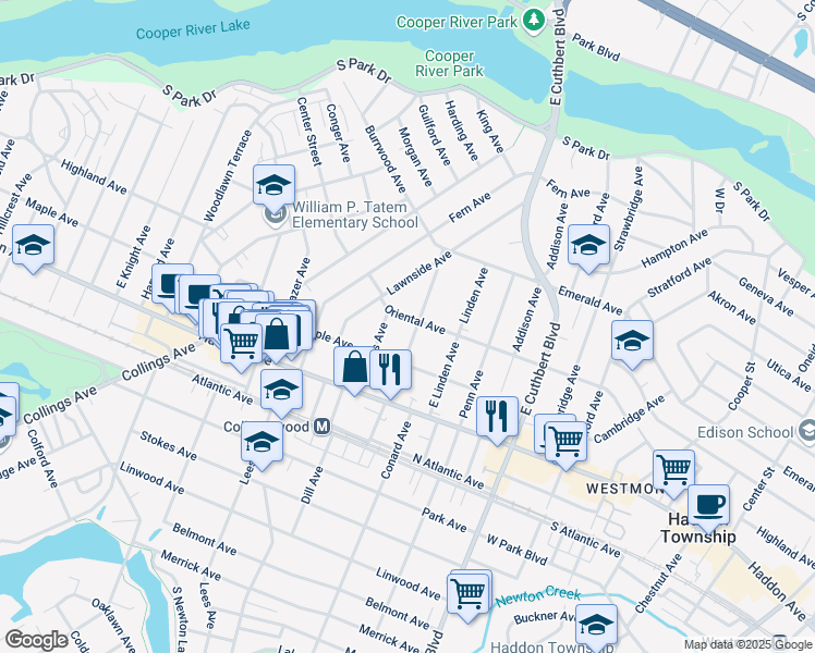 map of restaurants, bars, coffee shops, grocery stores, and more near 125 East Homestead Avenue in Collingswood